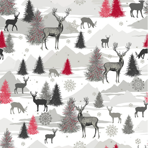 Holiday Style Deer Scenic Light Gray Yardage