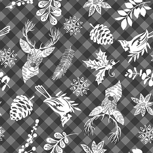 Holiday Style Plaid with Winter Motifs Gray Yardage