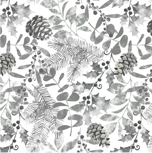 Holiday Style Winter Foliage with Pine Cones Light Gray Yardage