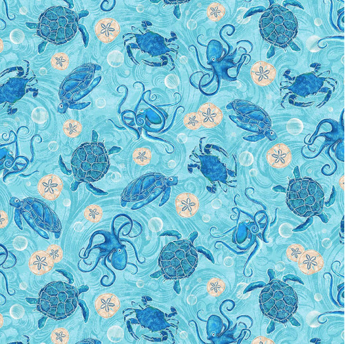 M'Ocean Tossed Ocean Motifs Aqua Fabric