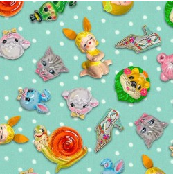 I Heart Kitsch Retro Baby Animals Aqua Fabric