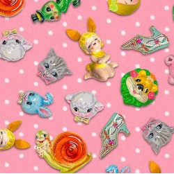 I Heart Kitsch Retro Baby Animals Pink Fabric