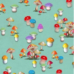 I Heart Kitsch Kitschy Mushrooms Aqua Fabric