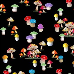 I Heart Kitsch Kitschy Mushrooms Black Fabric