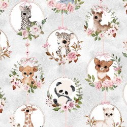 Animal Babies Baby Flowers Grey Yardage