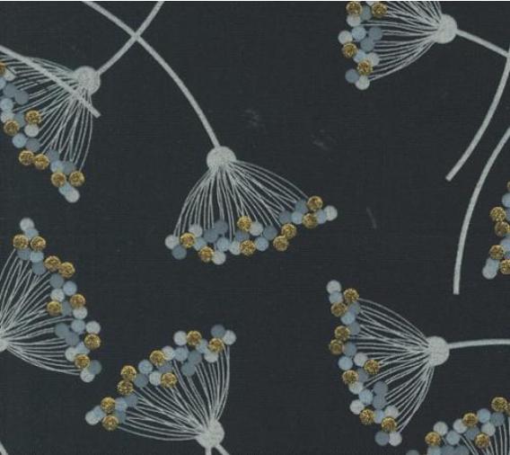 Shimmer Metallic Blossom Florals Dandelion Modern Ebony Fabric