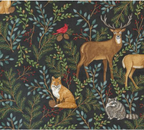 Woodland Winter Nature Animals Charcoal Black Fabric