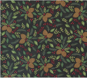 Woodland Winter Pinecones Foliage Charcoal Black Fabric