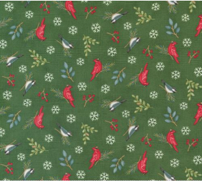 Woodland Winter Birds Snowflakes Pine Green Fabric