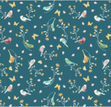 Melody Floral Birds Colonial Blue Yardage