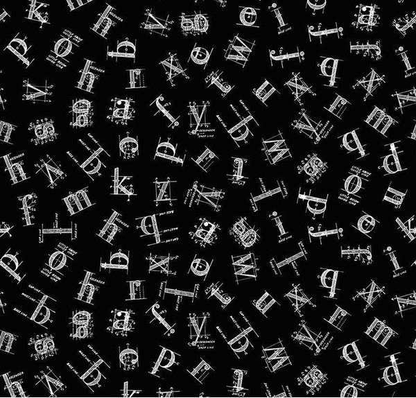 Old School Tossed Letters Black Fabric