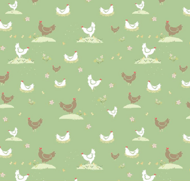 Clover Farm Chickens Pistachio Fabric