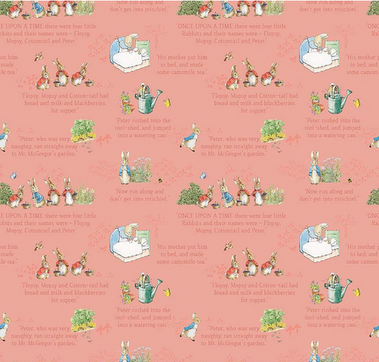 The Tale of Peter Rabbit Text Coral Fabric