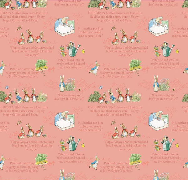 The Tale of Peter Rabbit Text Coral Fabric