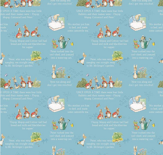 The Tale of Peter Rabbit Text Blue Fabric