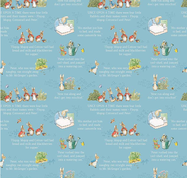 The Tale of Peter Rabbit Text Blue Fabric