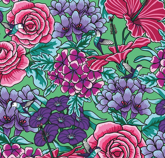 Botanic Blast Roses Green Yardage
