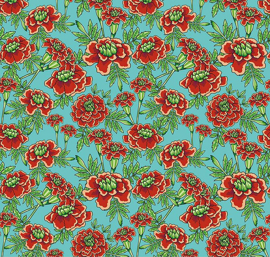 Botanic Blast Small Carnations Turquoise Yardage