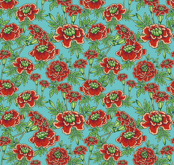 Botanic Blast Small Carnations Turquoise Yardage