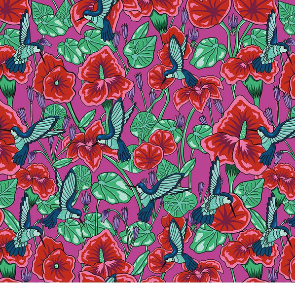 Botanic Blast Hummingbird Floral Hot Pink Yardage