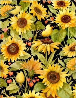 Sunflower Splendor Sunflowers & Bird All Over Black Yardage