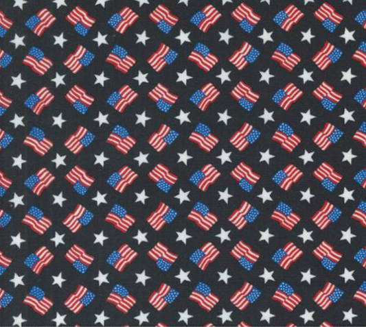 Red White and Bloom Tossed Flags Black Yardage
