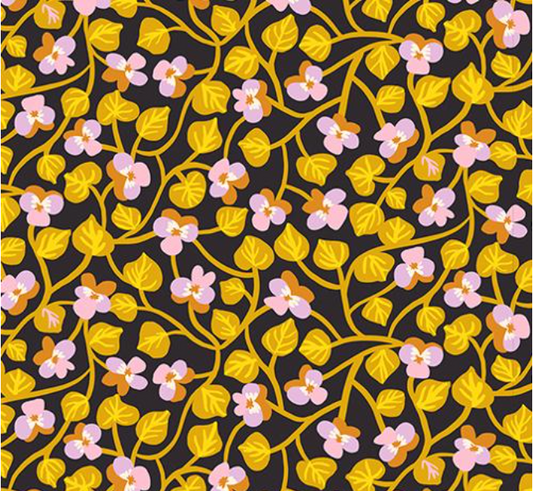 Bird is the Word Pansy Nature Flowers Soft Black Yardage