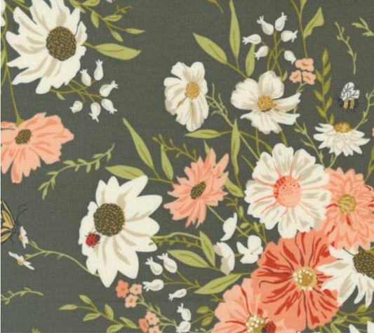 Farmstead Farm Fresh Flowers Charcoal Yardage