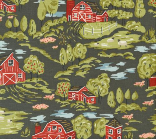 Farmstead Farm Landscape and Nature Charcoal Yardage