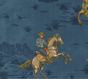 Saddle Ranch Scenic Cowboys Blue Jeans Yardage