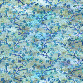 Oriental Gardens Cherry Blossoms Blue Fabric