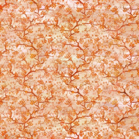 Oriental Gardens Cherry Blossoms Orange Fabric