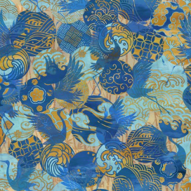 Oriental Gardens Emblems Blue Fabric