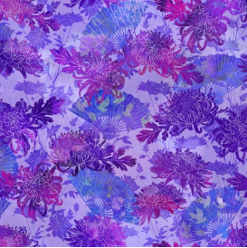 Oriental Gardens Fans & Mums Purple Fabric