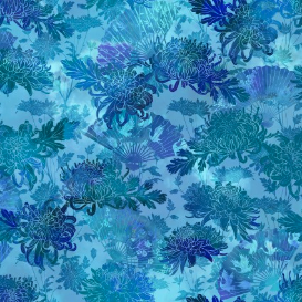 Oriental Gardens Fans & Mums Blue Fabric