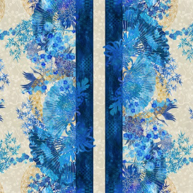 Oriental Gardens Fan Stripe Blue Fabric