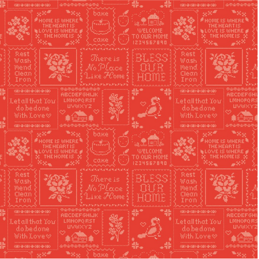 Home Sweet Home Cross Stitch Red Yardage