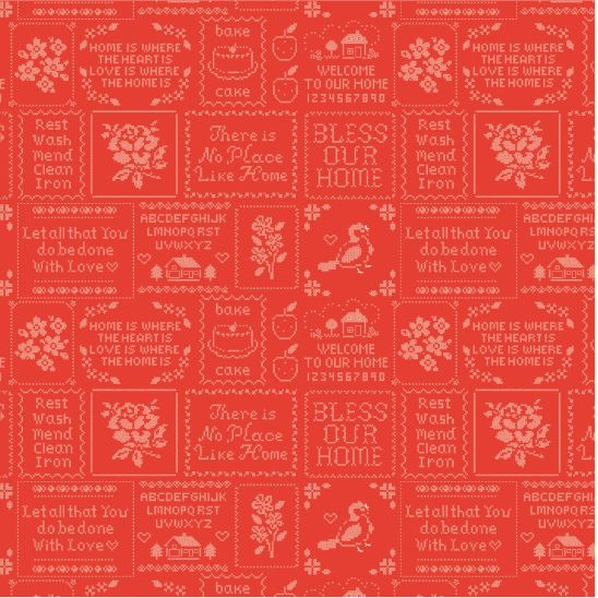 Home Sweet Home Cross Stitch Red Yardage