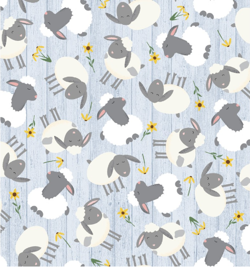 Farm-Tastic Friends Tossed Sheep Blue Yardage