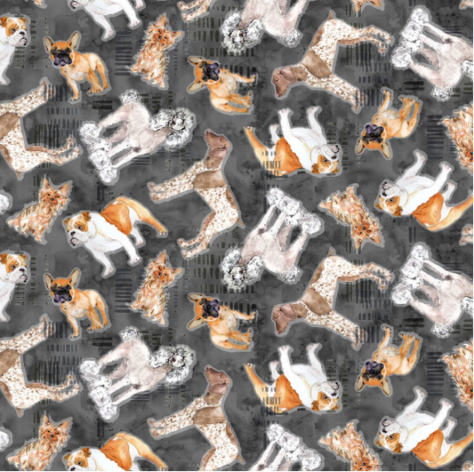 Best Friends Tossed Dogs Dark Grey Yardage