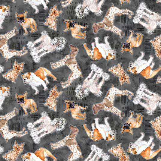 Best Friends Tossed Dogs Dark Grey Yardage