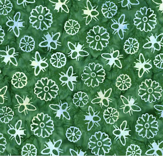 Batiks Hand Dyes Watercolor Daisies Dark Vintage Green Yardage