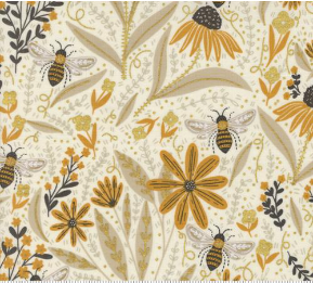 Bee Garden Florals Bees Metallic Porcelain Yardage
