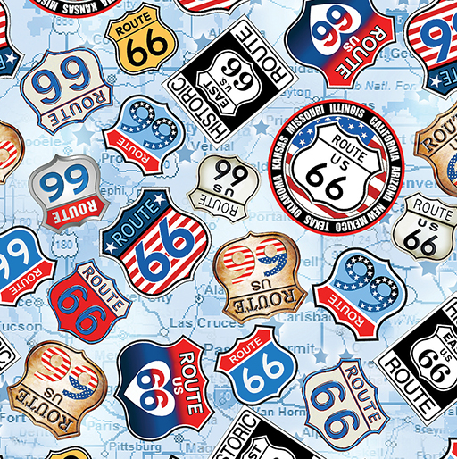 America's Highway Route 66 Signs Light Blue Fabric