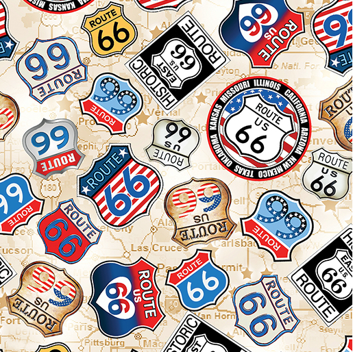 America's Highway Route 66 Signs Tan Fabric