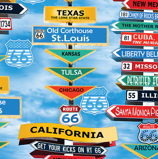 America's Highway Route 66 Destinations Blue Fabric