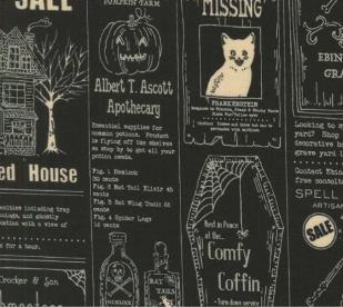 Home Sweet Haunt Vintage Newspaper Text and Words Midnight Fabric