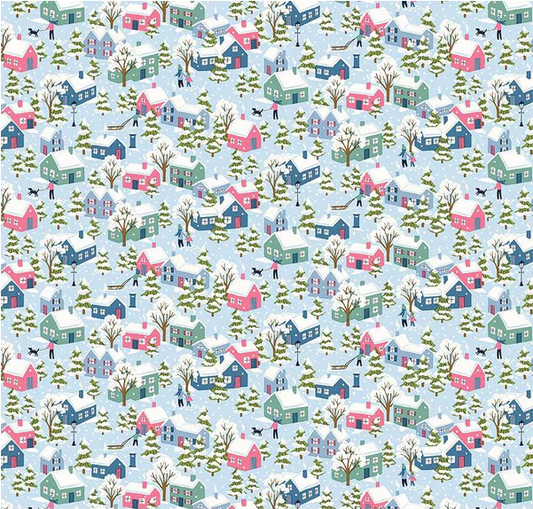 Festive Greetings Festive Village Light Blue Fabric