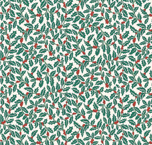 Festive Greetings Swirling Holly White Fabric
