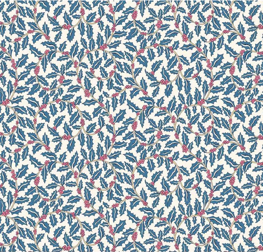 Festive Greetings Swirling Holly Blue Fabric